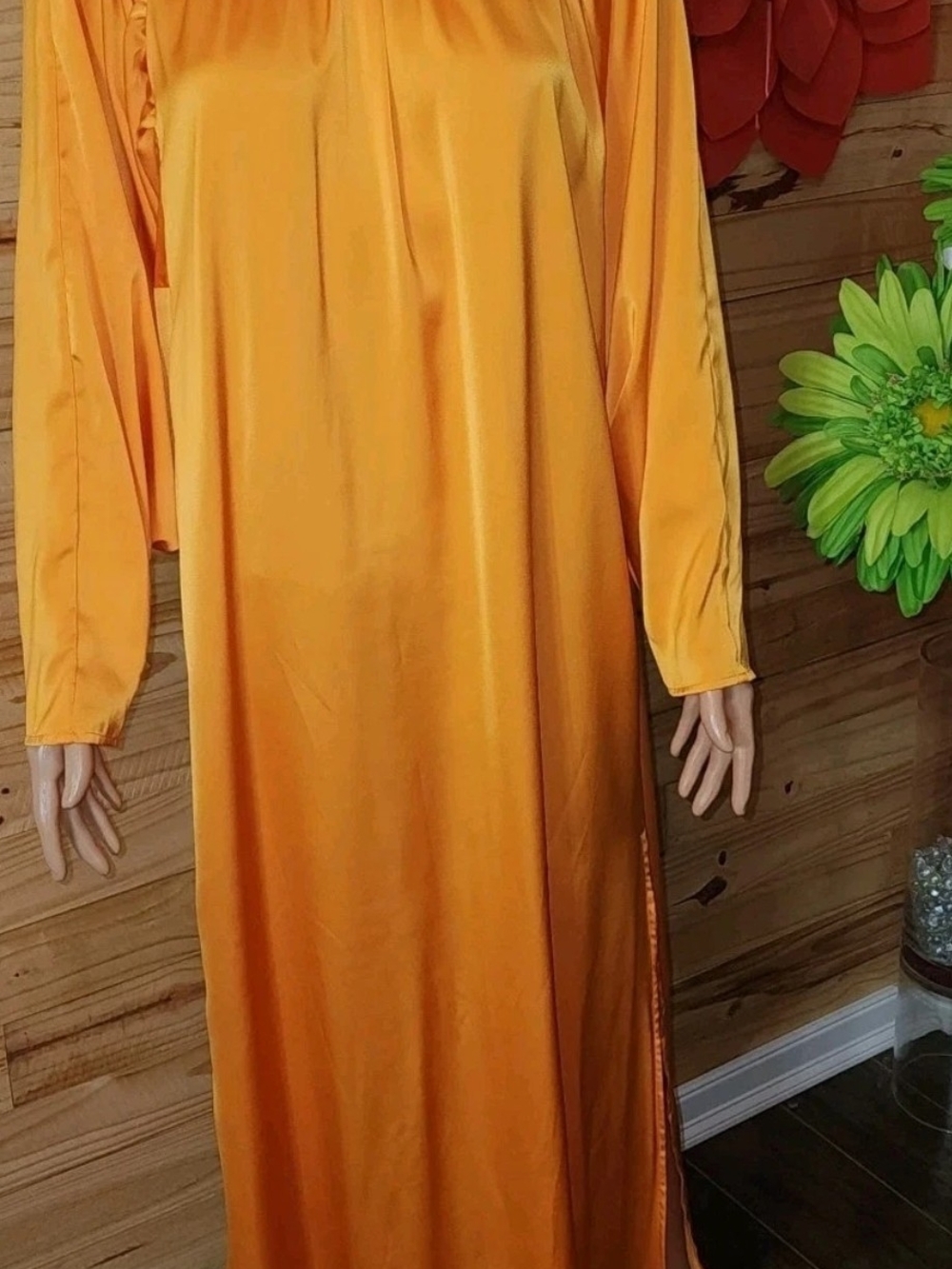 H&M Long Sleeve Satin Maxi Dress in Bright Orange
